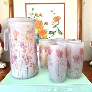 Rueven Vintage Nouveau Art Glass Company Pitcher & 6 glasses Italy Hand Painted